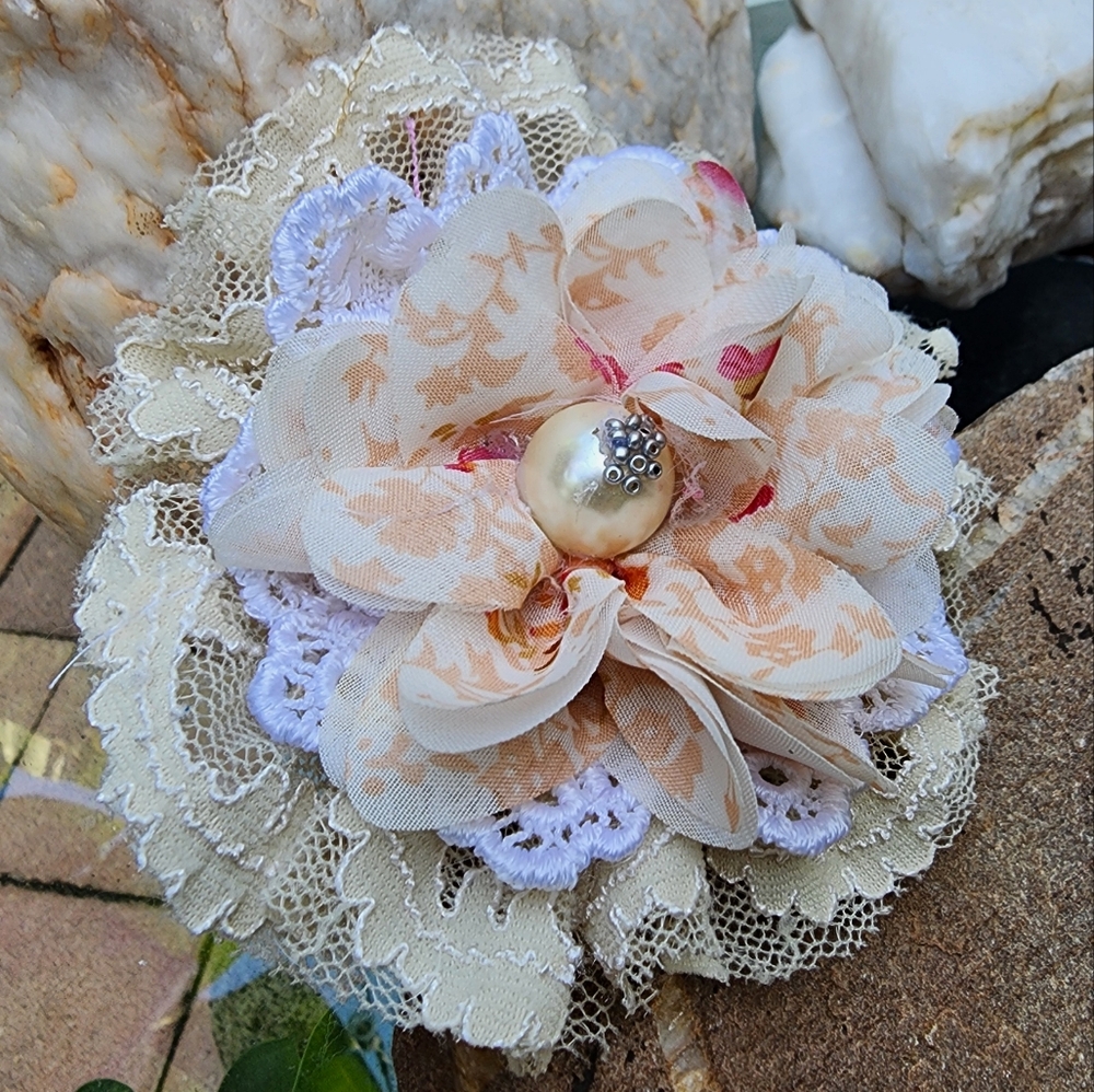 Shabby Chic Flower Pin Cotton/Silk Rose Flower Embellished with Pearl Boho
